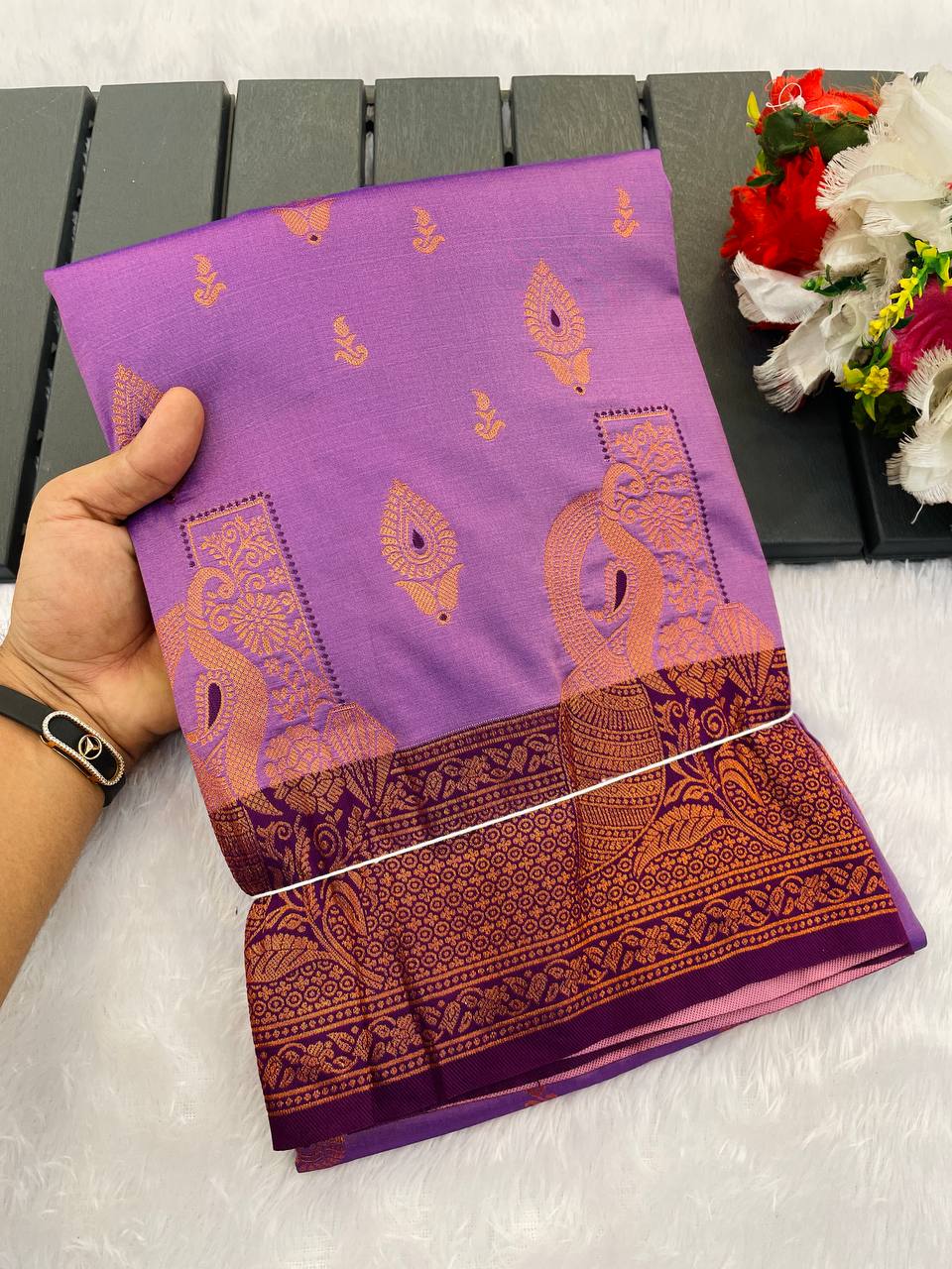 Premium Kanjivaram Soft Silk Saree with Copper Zari Jaal Weaving