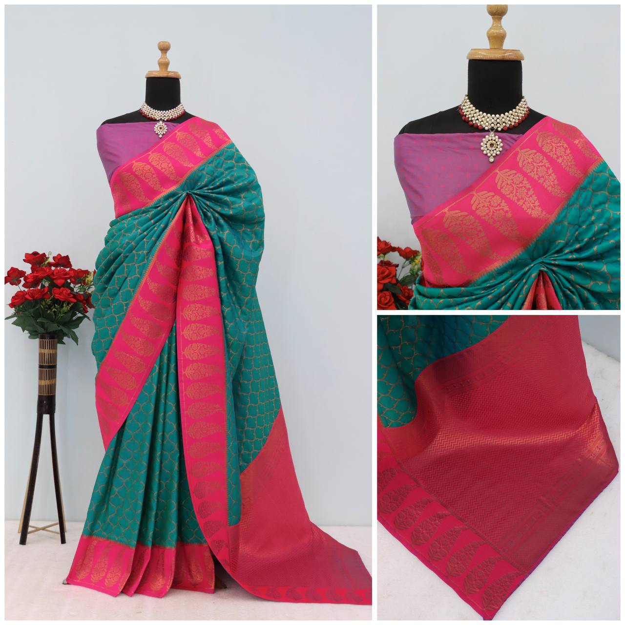 Premium Kanjivaram Soft Silk Saree with Copper Zari Jaal
