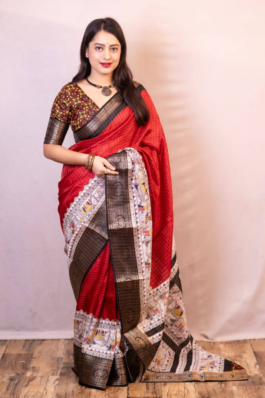 Lightweight Mangalagiri Dola Saree with Print Checks & Kalamkari Pallu