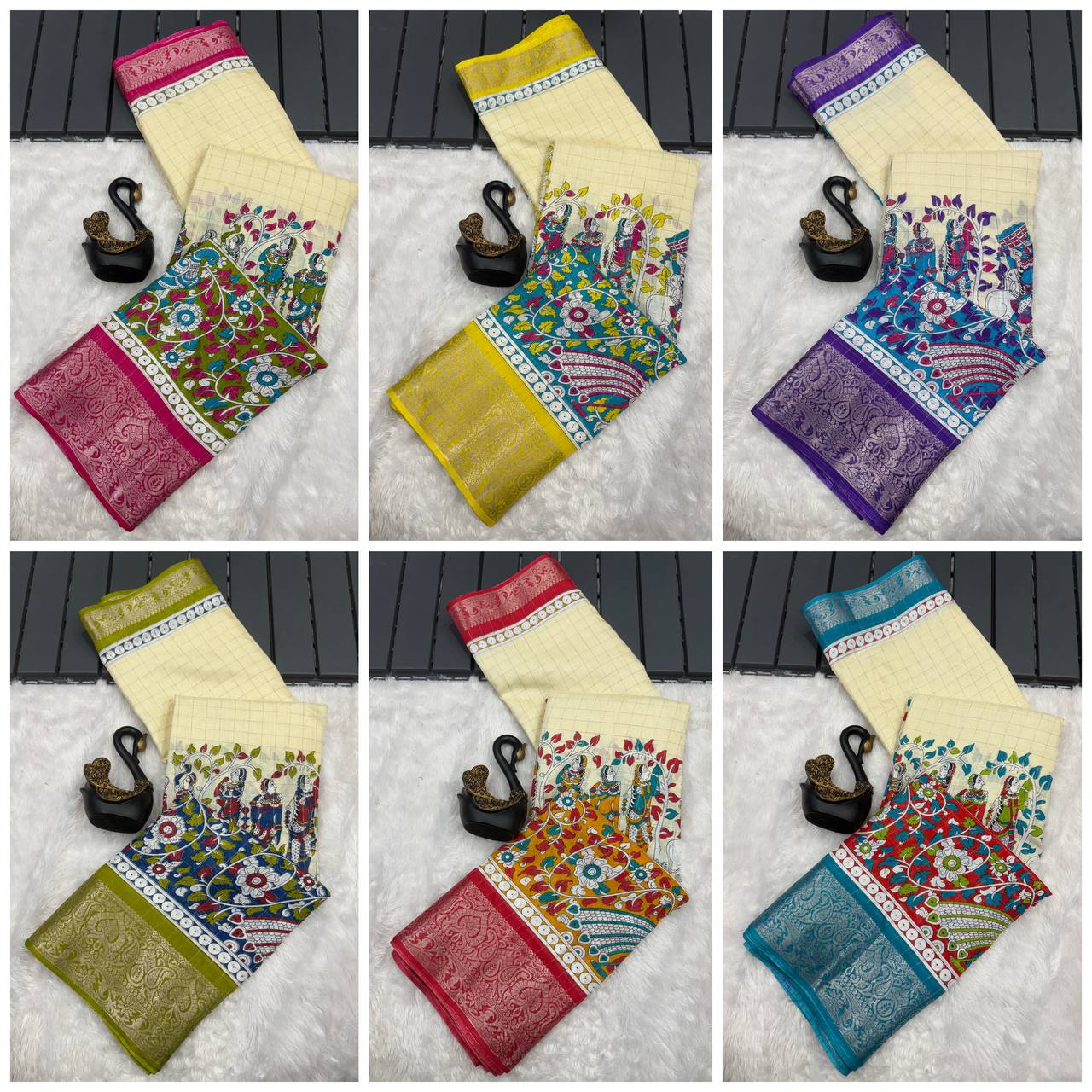 Lightweight Mangalagiri Dola Saree with Print Checks & Kalamkari Pallu