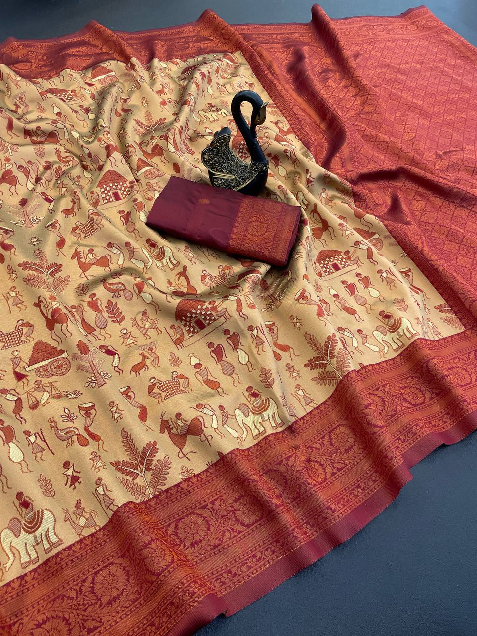 Triple Weaving Zari Tissue Kanchi Saree with Meena Work