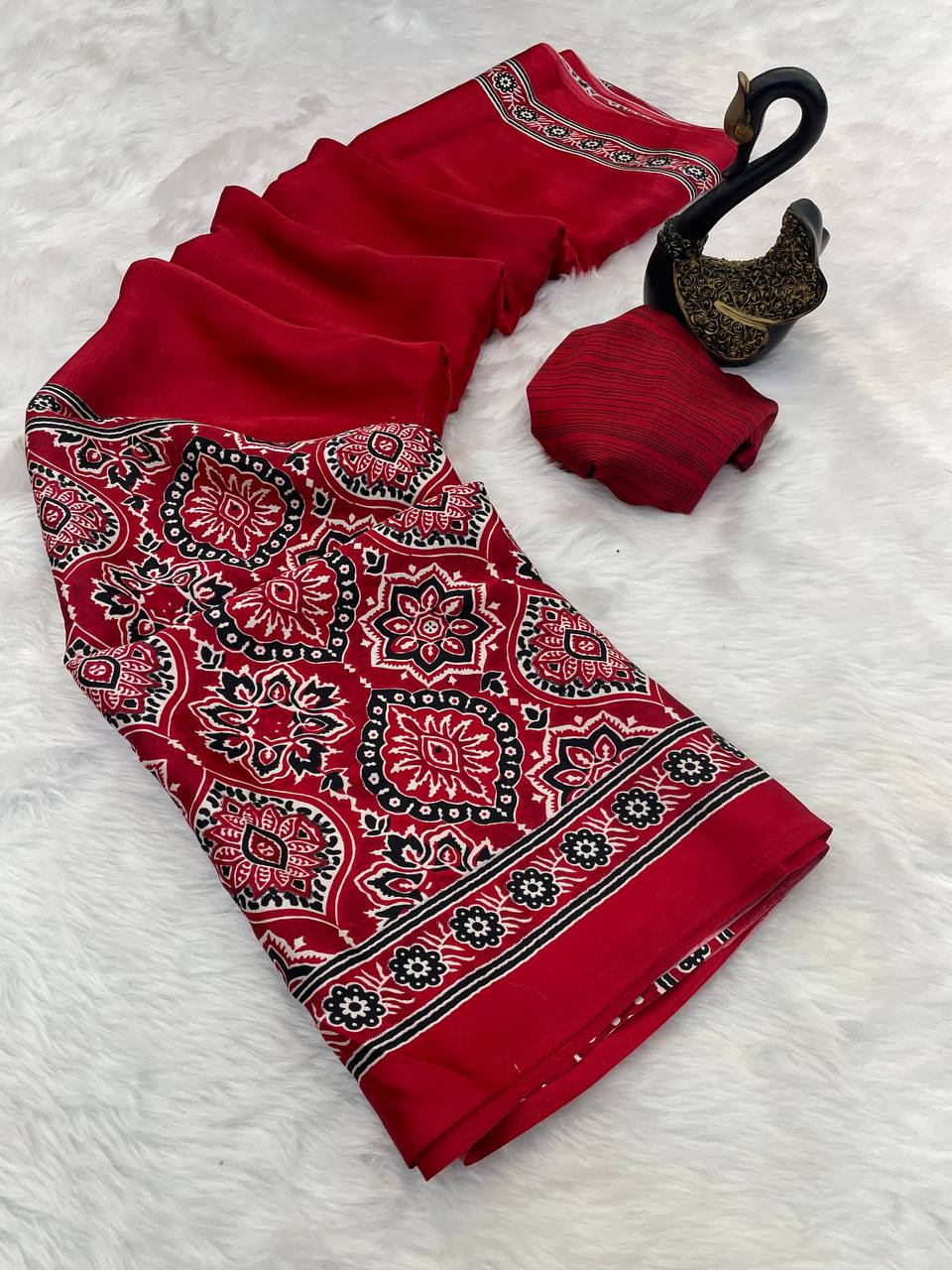 Original Ajrakh Semi Gaji Silk Bandhej Saree