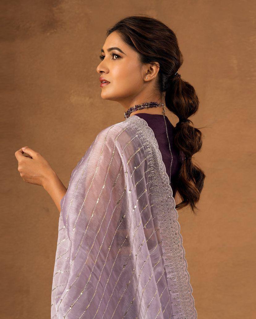 Soft Burberry Fabric Designer Saree with Sequins & Zari Work