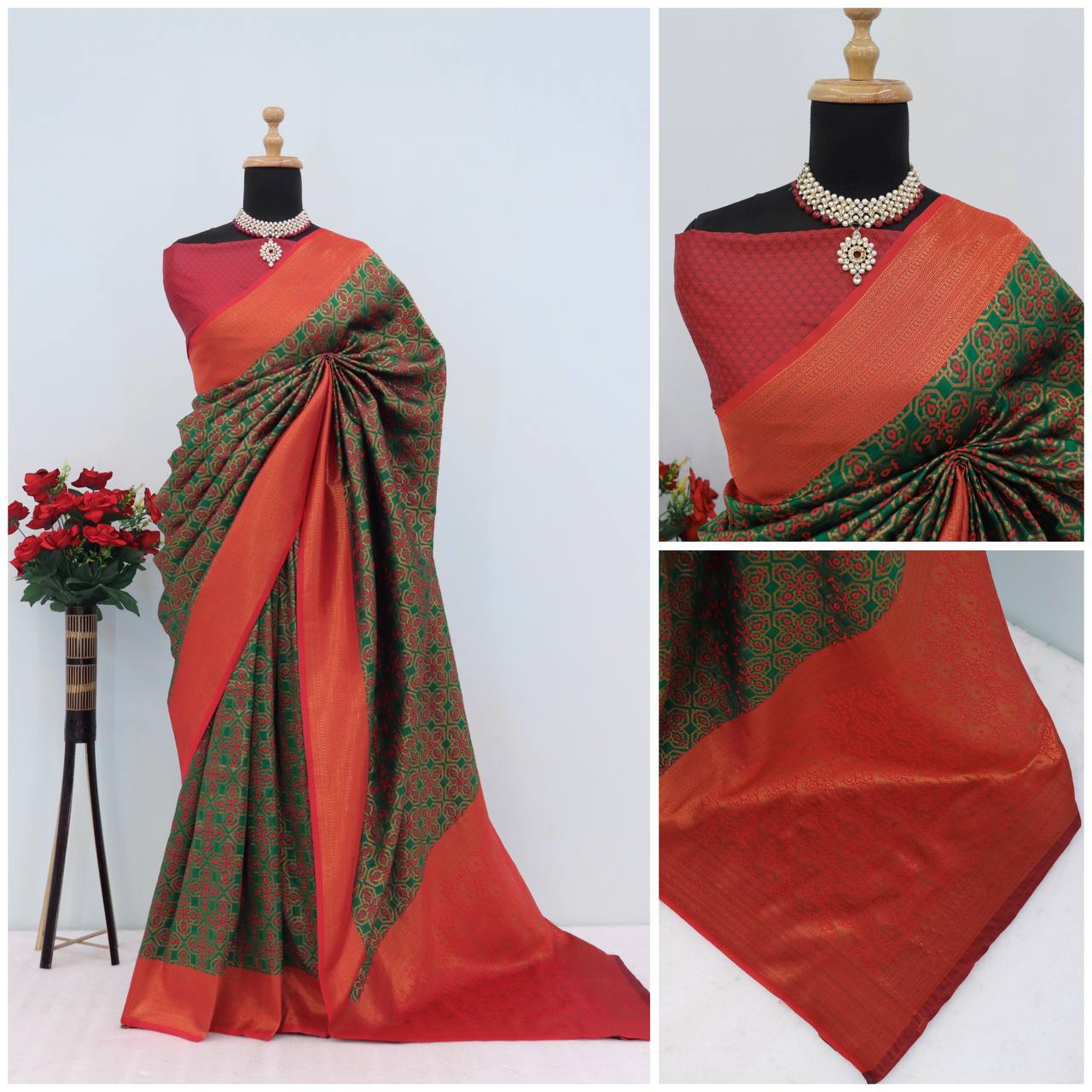 Premium Kanjivaram Soft Silk Saree with Copper Zari Jaal Weaving