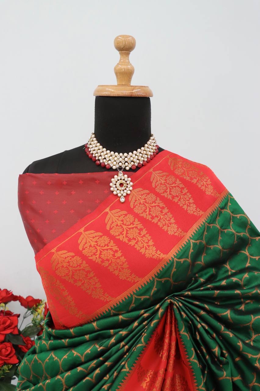 Premium Kanjivaram Soft Silk Saree with Copper Zari Jaal