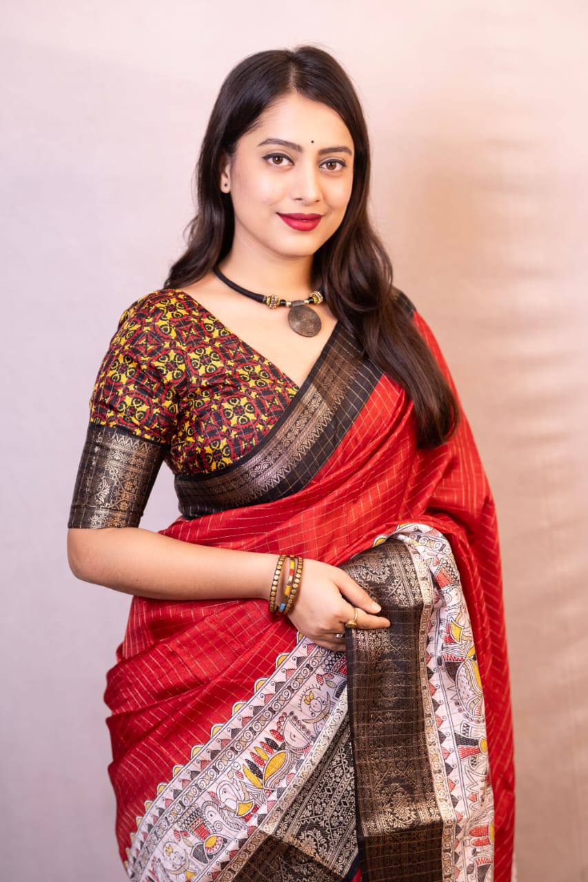 Lightweight Mangalagiri Dola Saree with Print Checks & Kalamkari Pallu