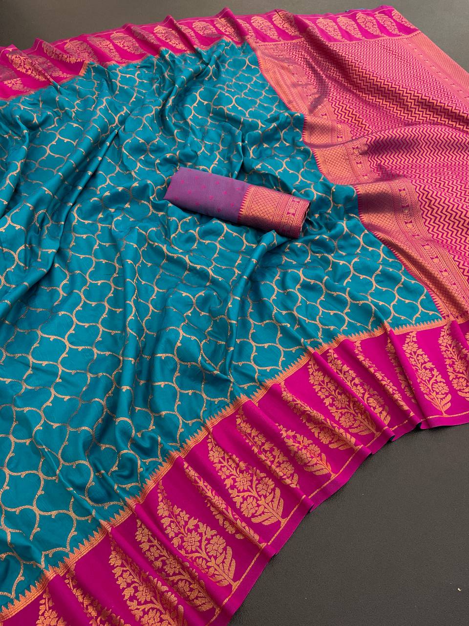 Premium Kanjivaram Soft Silk Saree with Copper Zari Jaal