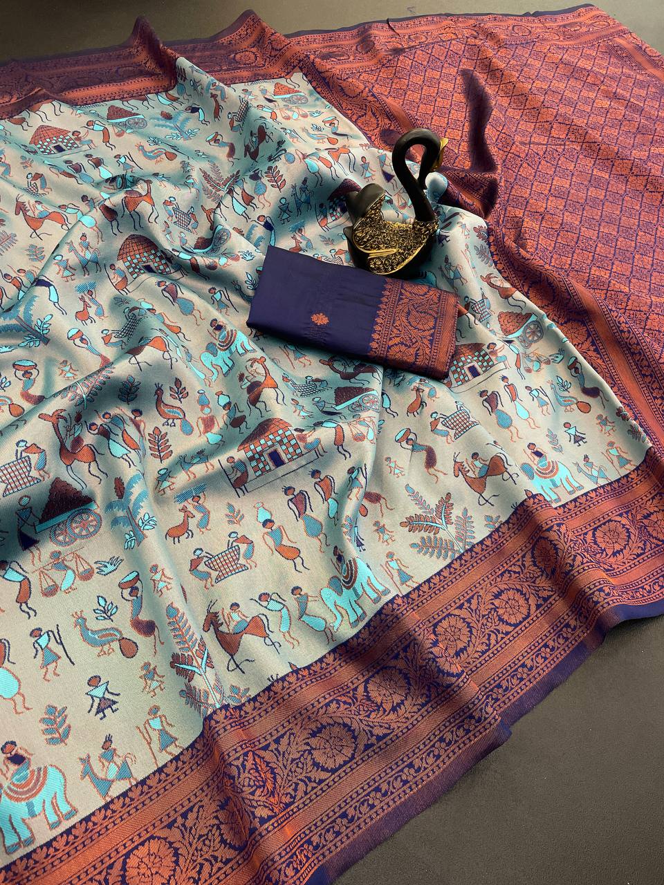 Triple Weaving Zari Tissue Kanchi Saree with Meena Work