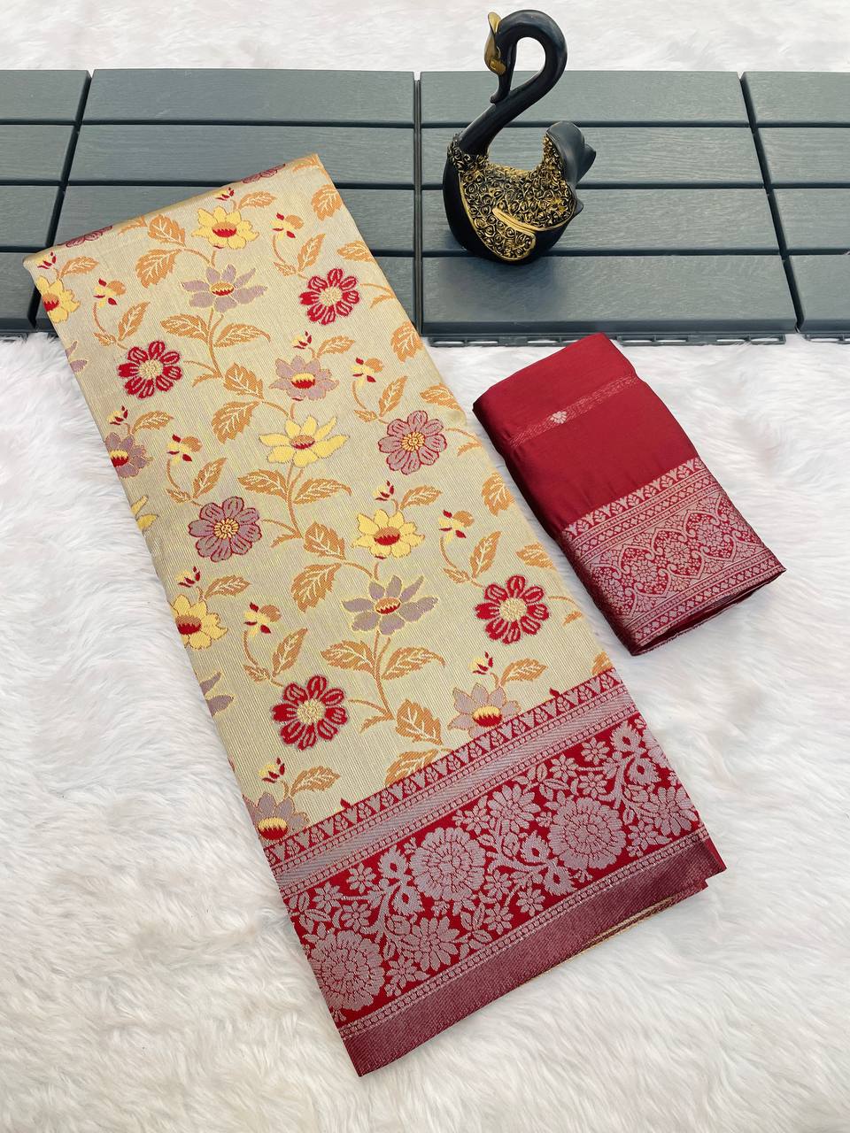 Triple Weaving Zari Tissue Kanchi Saree with Meena Work