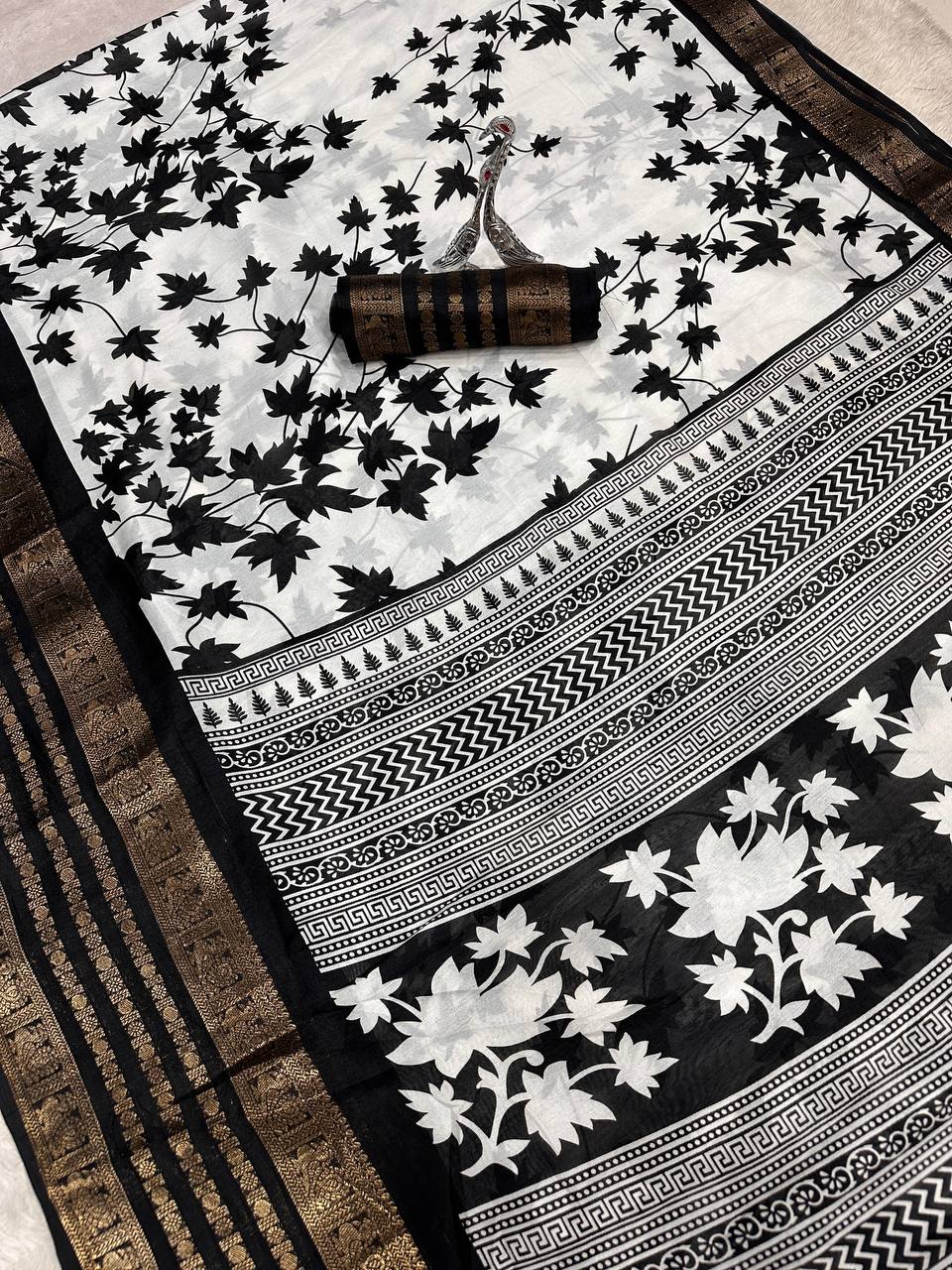 Pure Dola Silk Saree with Jacquard Border & Kalamkari Print