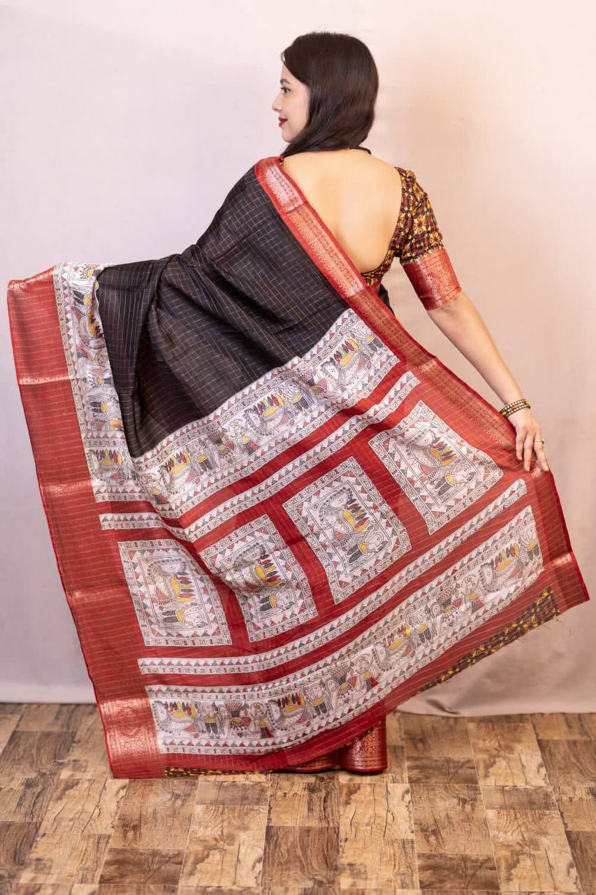 Lightweight Mangalagiri Dola Saree with Print Checks & Kalamkari Pallu