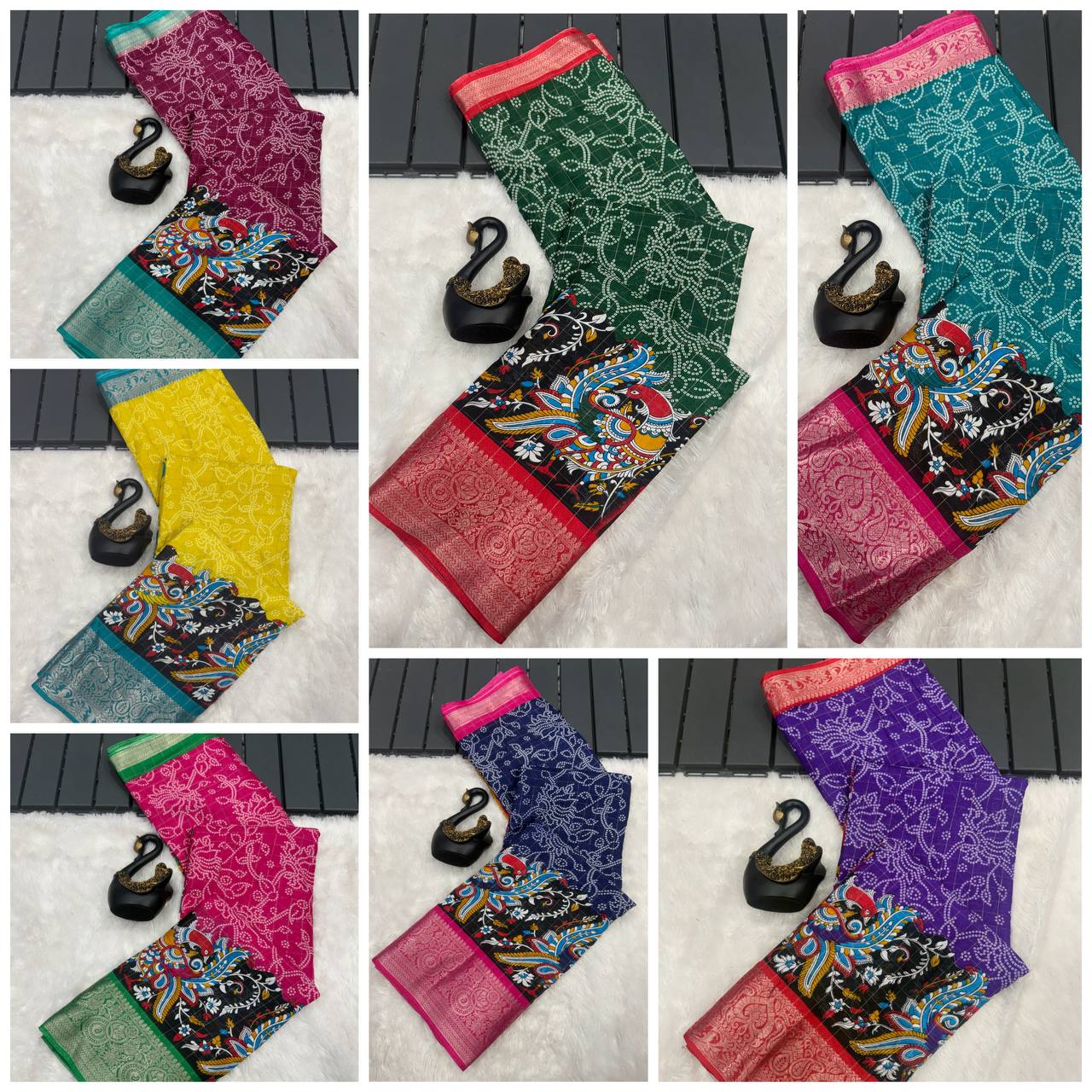 Lightweight Mangalagiri Dola Saree with Print Checks & Kalamkari Pallu