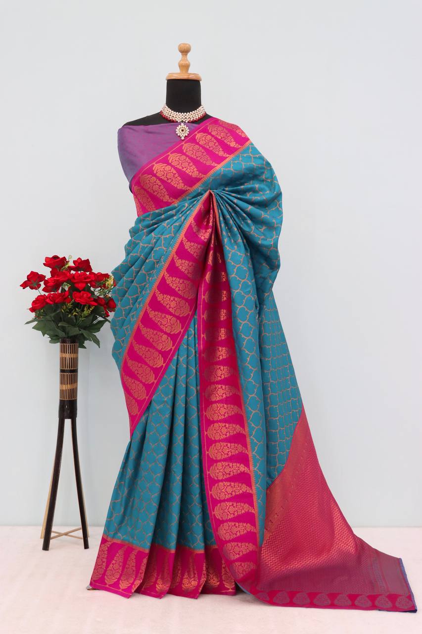 Premium Kanjivaram Soft Silk Saree with Copper Zari Jaal