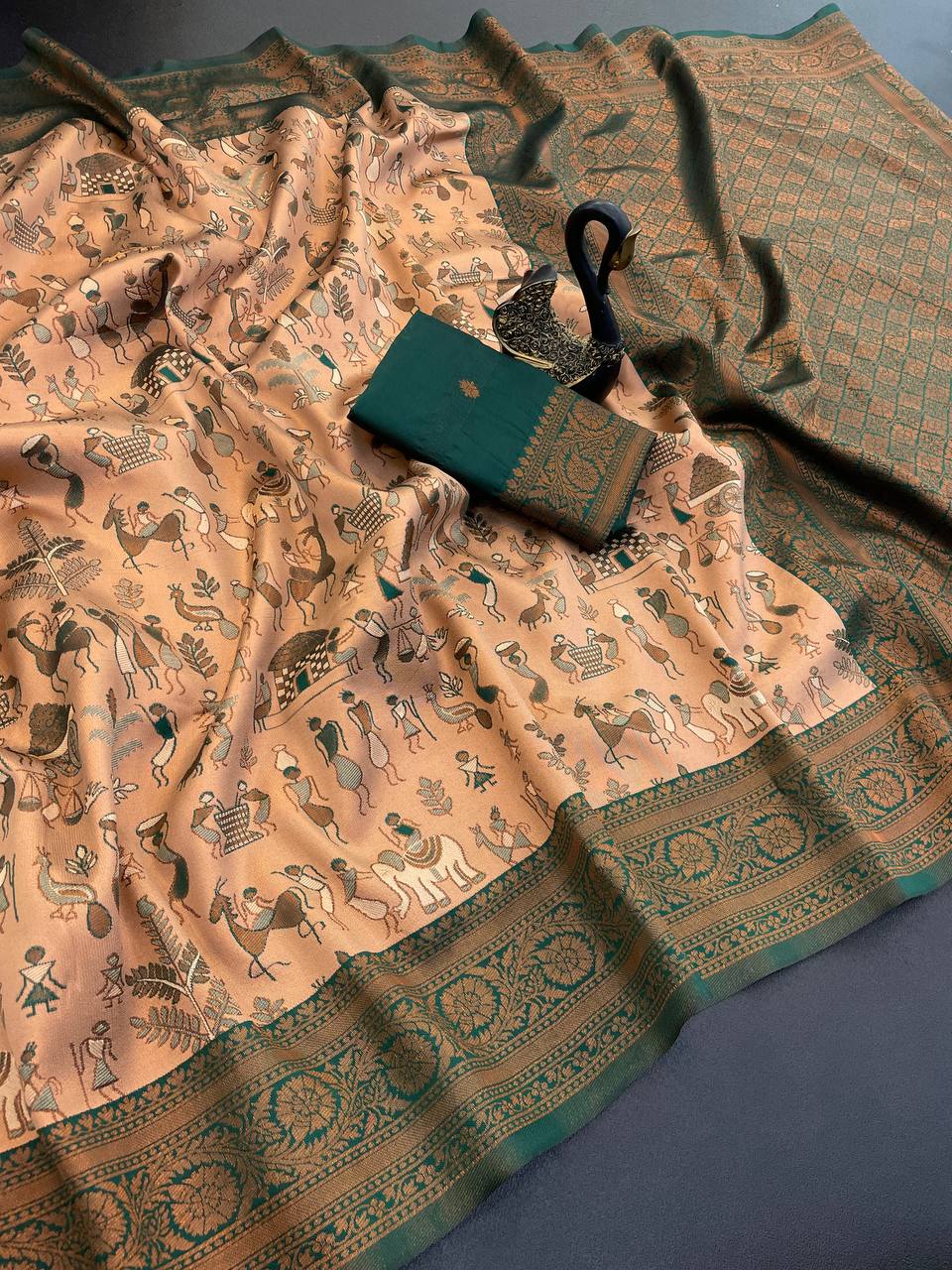 Triple Weaving Zari Tissue Kanchi Saree with Meena Work