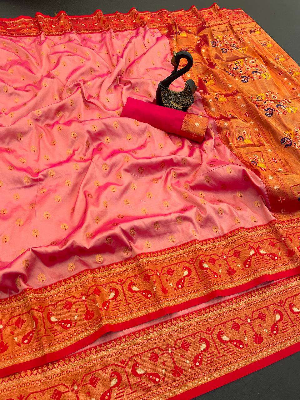 Original Paithani Silk Saree with Copper Zari Meenakari Work