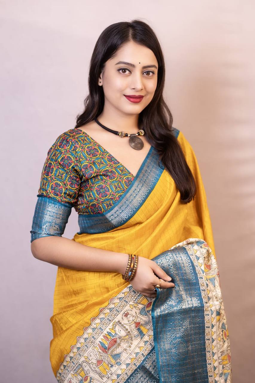 Lightweight Mangalagiri Dola Saree with Print Checks & Kalamkari Pallu