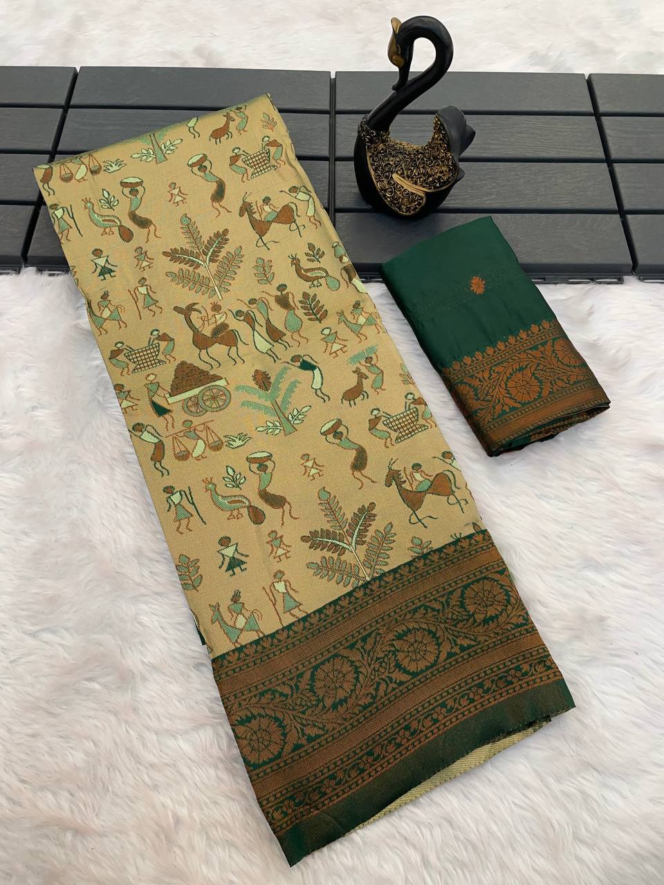 Triple Weaving Zari Tissue Kanchi Saree with Meena Work