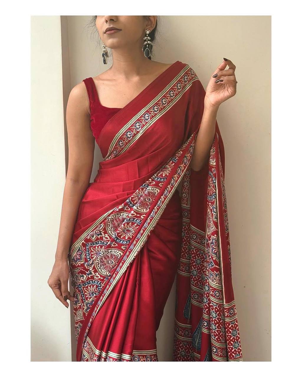 Original Ajrakh Semi Gaji Silk Bandhej Saree
