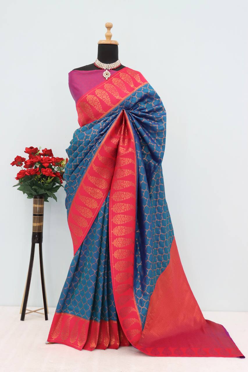 Premium Kanjivaram Soft Silk Saree with Copper Zari Jaal