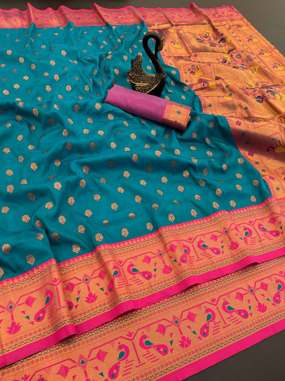 Original Paithani Silk Saree with Copper Zari Meenakari Work