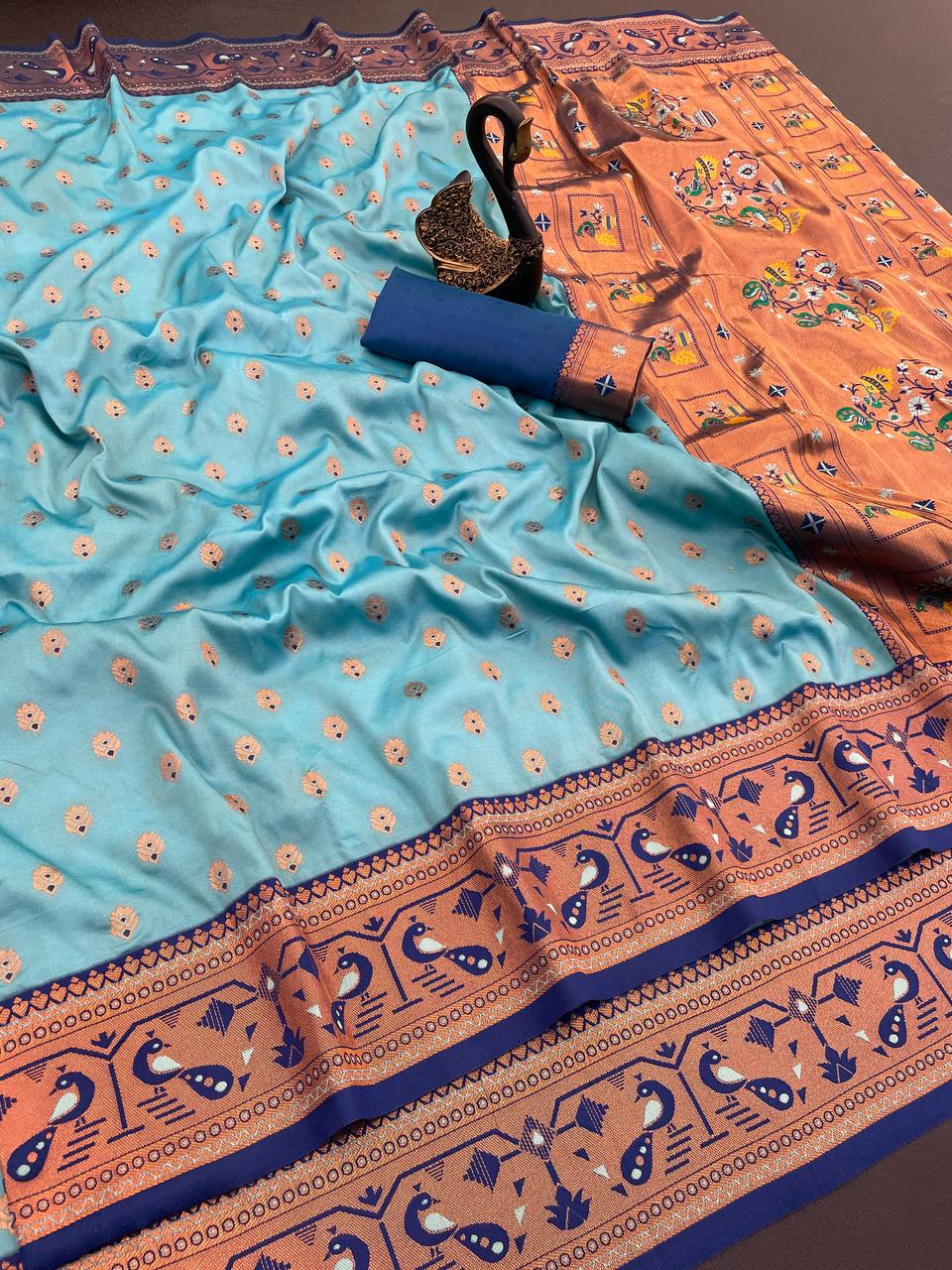 Original Paithani Silk Saree with Copper Zari Meenakari Work