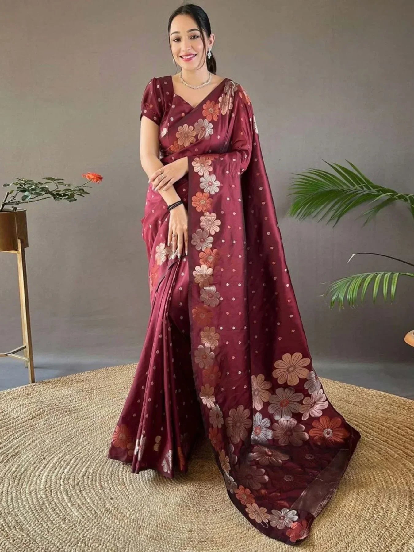 Stunning Soft Lichi Silk Saree With Rich Pallu & Jacquard Blouse